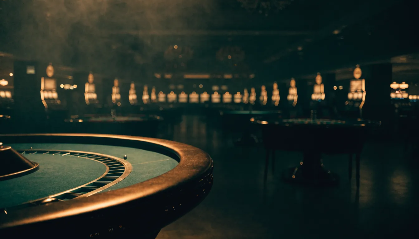 Salle de casino la nuit, tables et machines éclairées